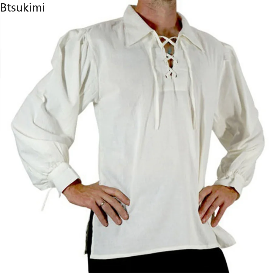 Lapel Strap Men Shirt Medieval Renaissance Cosplay Shirt Lace-up Long Sleeve Loose Fit for Adult Men's Historical Costume Men