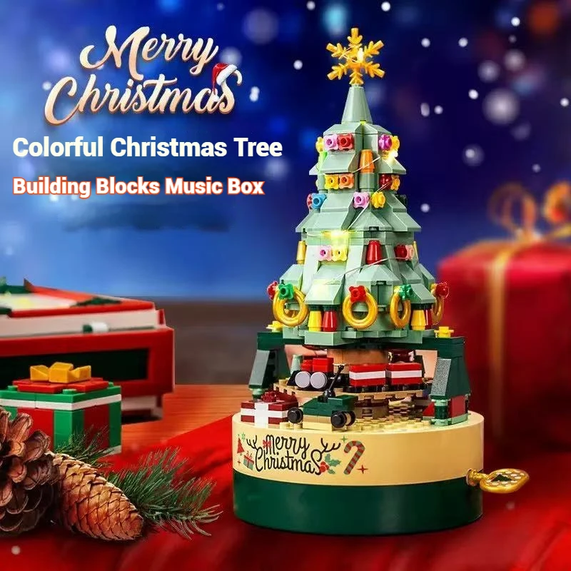 JAKI Christmas Music Box Desktop Ornament Building Blocks Tree Model Assembly Toy Children's Holiday Toy Gift