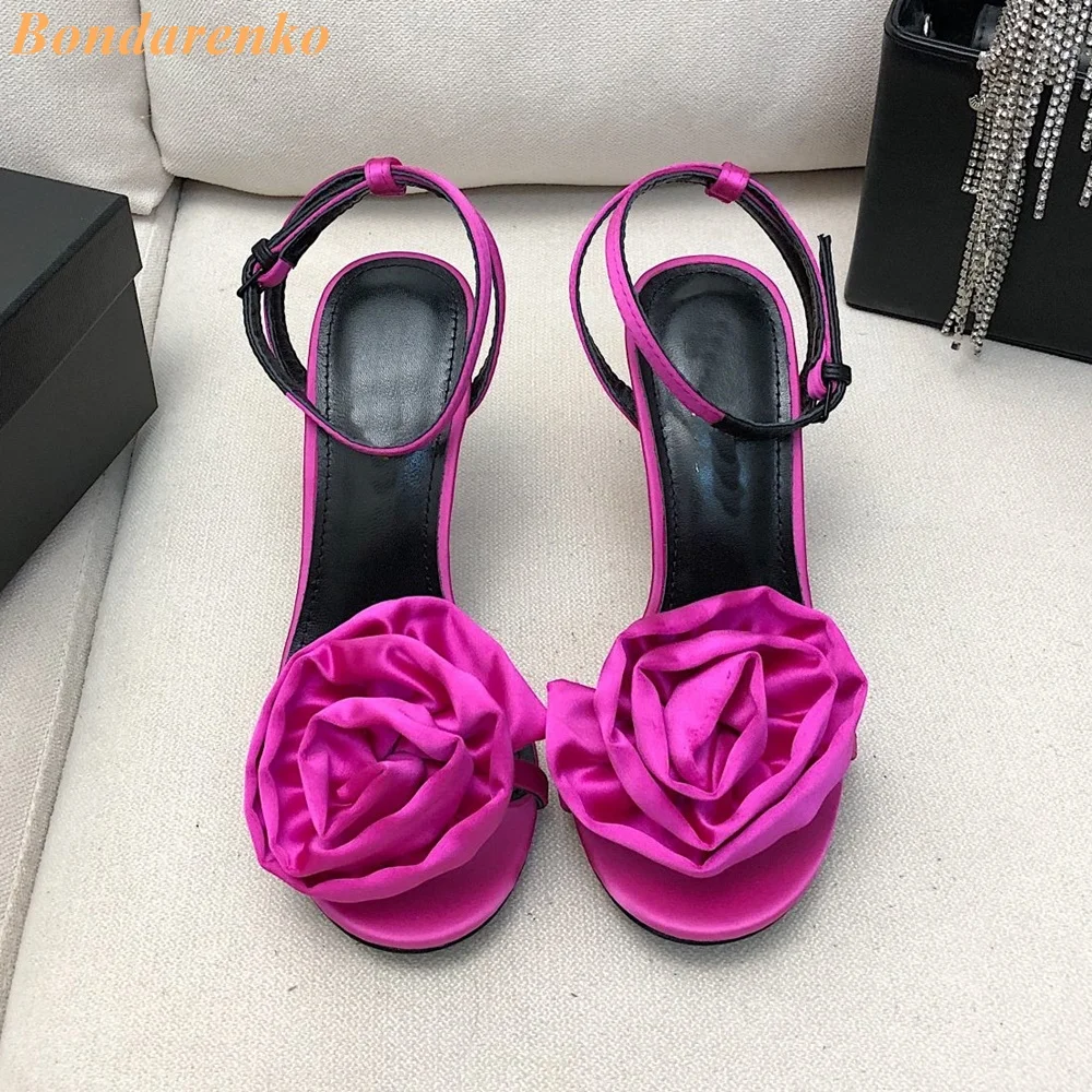 Flower Decor Satin Sandals Thin High Heel Runway 2024 Summer Fashion Solid Rosy Black New Arrivals Women Sandals