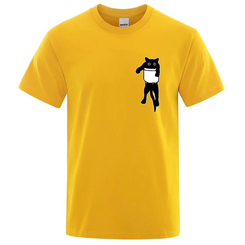 Sommer Herren Hochwertiges T-Shirt Baumwollmischung Lustiger Taschenkatzen-Print Lockeres Cooles O-Neck T-Shirt für Männer Kurzarm Herren-Oberteil