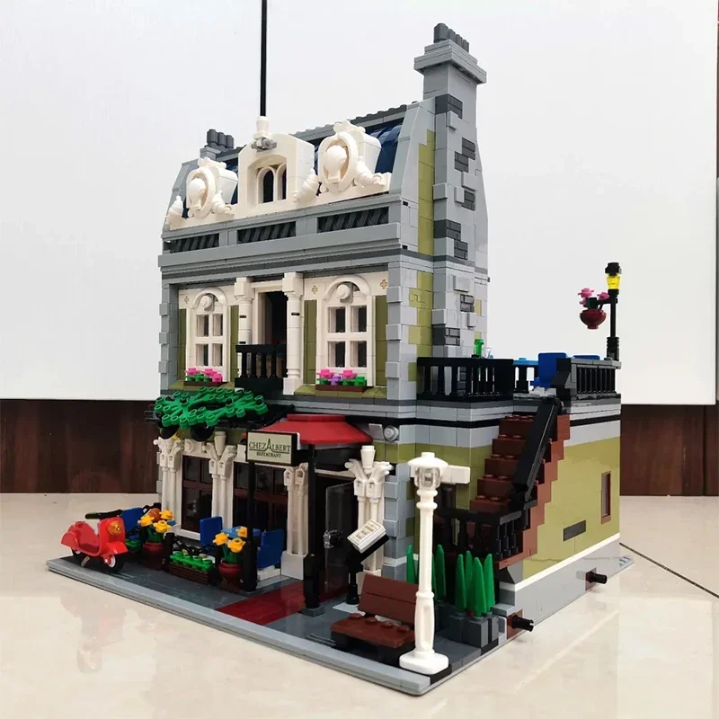 Bloques de construcción de restaurante parisino con vista a la calle creativa, modelo de arquitectura, montar ladrillos, juguete para regalo para niños, chico, adulto y niña