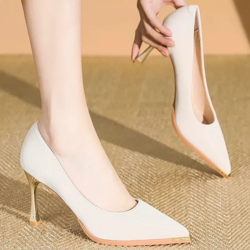 

2025 New Women High Heels Lady Fashionable Metal Pointed Toe Shallow Mouth Pumps Female Sexy Elegant Shoes Женская Обувь