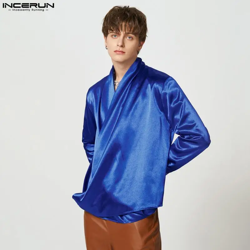 INCERUN Men Shirt Solid Color V Neck Long Sleeve Satin Fashion Camisas 2023 Streetwear Loose Casual Irregular Male Shirts S-5XL