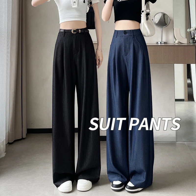 Denim Wide-leg Pants for Women 2025 Spring Summer New High-waist Loose Straight Jeans Woman Women's Youthful Clothes 90s Vintage