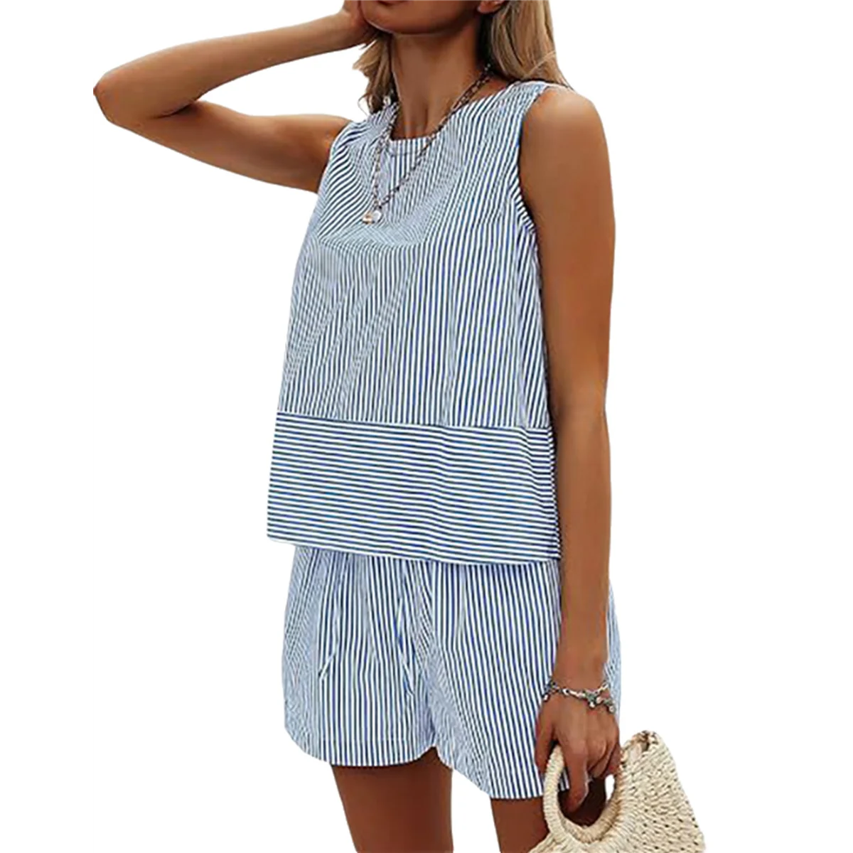 ABQR Women'S Summer 2 Piece Outfits Sleeveless Tank Top Matching Shorts Sets Cotton Striped Sweatsuits Blue S