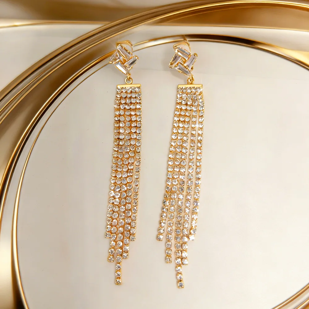 Lines Rhinestone Crystal Tassel Long Clip on Earrings for Women Wedding Party Hanging Dangle Clip Earrings Bridal Jewelry