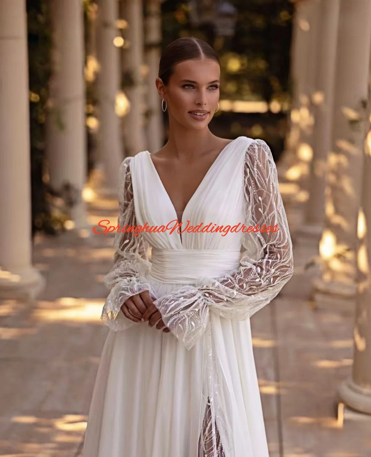 カスタマイズされたウェディングドレス女性のためのパフスリーブ V ネックジッパー A ラインアップリケシフォン Vestido