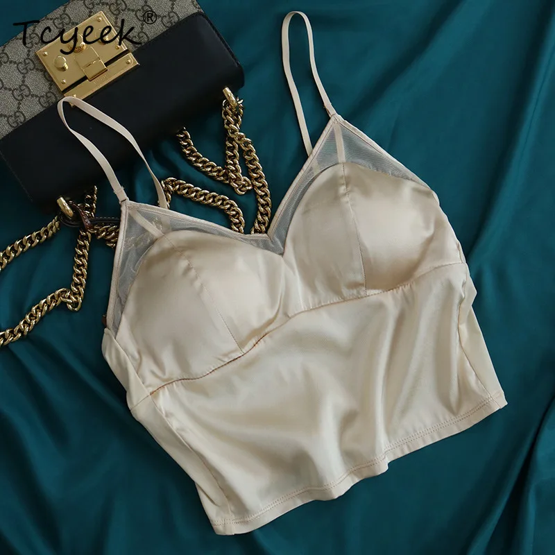 Tcyeek, forro de copo de 19mm 100% sutiã de seda real, feminino lindo costas finas sólidas, roupa íntima macia francesa, outono verão 2024 p48020qc