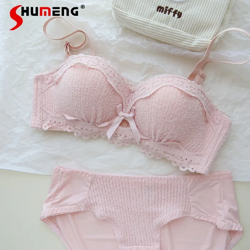 

Autumn Winter Plush Sweet Underwear Women's Small Chest Push Up Sexy Brief Sets Female Wireless Lace Half Cup Bra Suit