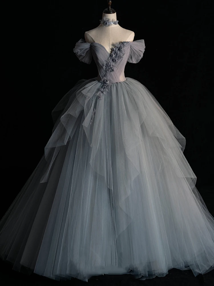 

Off Shoulder French Retro Princess Dress Luxurious 3D Flower Deep V-Neck Irregular Tiered Ball Gown Tulle Long Prom Dresses