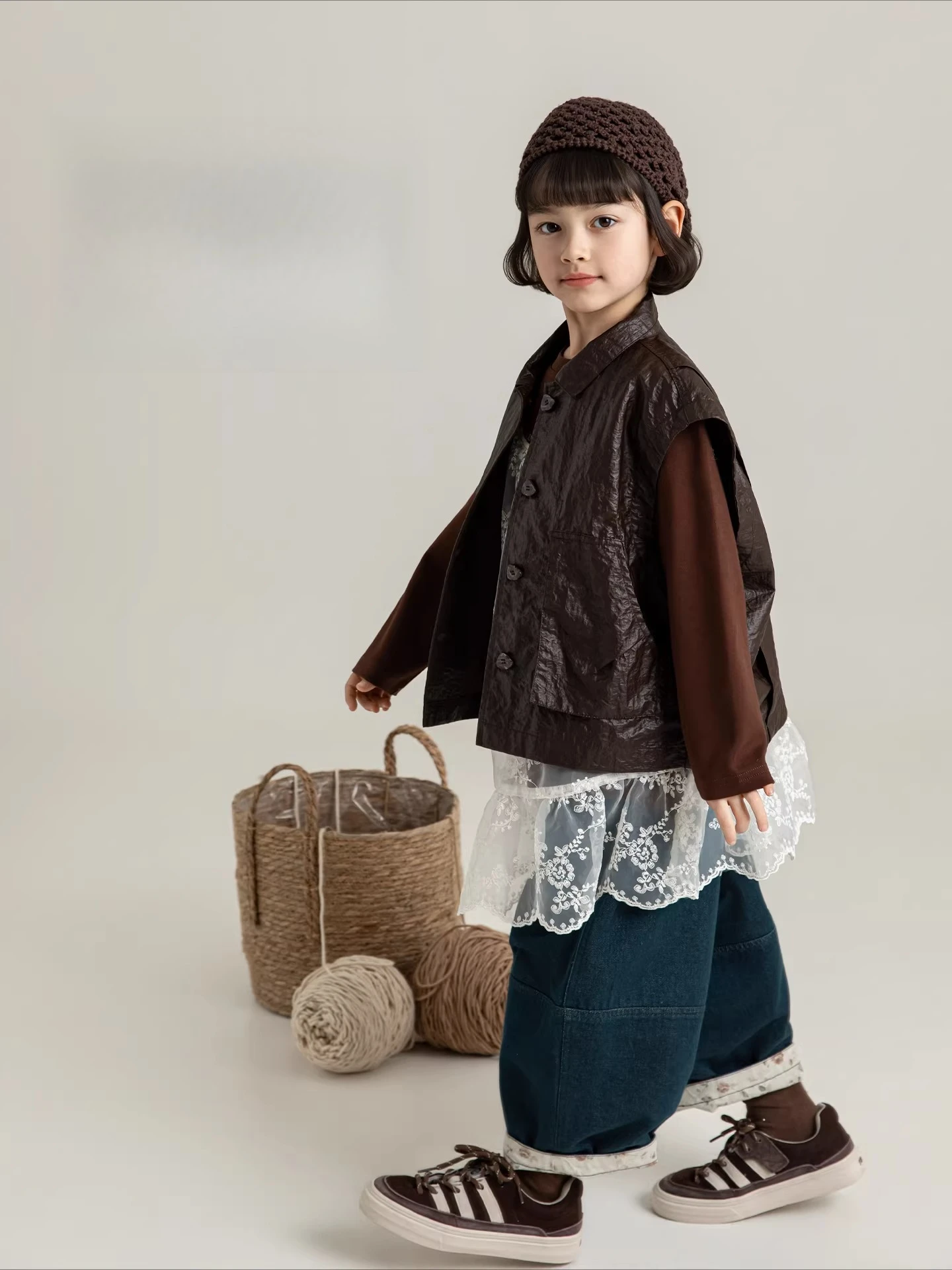 Girls 2026 Spring New Tech Layered Sleeveless Vest Versatile Cool Edgy Kids Outerwear Ages 4-10