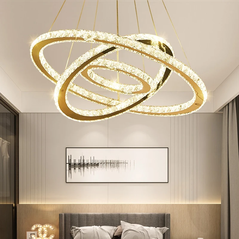 Lampadario moderno a sospensione a led per camera da letto Anello dorato lustro Lampada dimmerabile Lampadario a soffitto per soggiorno in cristallo K9 di lusso