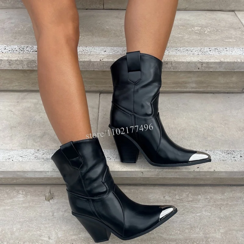 Silver Metal Toe Woman Black Leather Block Short Heel Calf Booties Sporty Graffiti Western Wild Fashion Fretwork Slip Onshoes