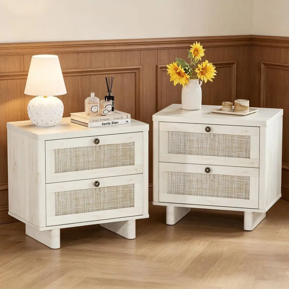 

Mid-Century Style Nightstands Pair with Rattan Drawers, Modern Bedroom End Tables