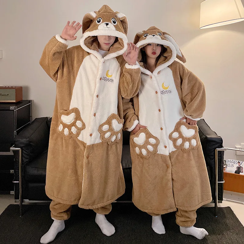 Male Fleece Sleepwear Robe&Pants Cartoon Pajamas Set Men Nightwear Kimono Bathrobe Gown Flannel Lounge Wear Couple Home Clothes