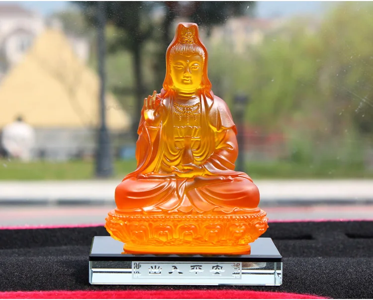 17cm tall -HOME Office SHOP Temple Spiritual safe protection Bless family # yellow crystal Lotus GUANYIN BUDDHA FENG SHUI statue