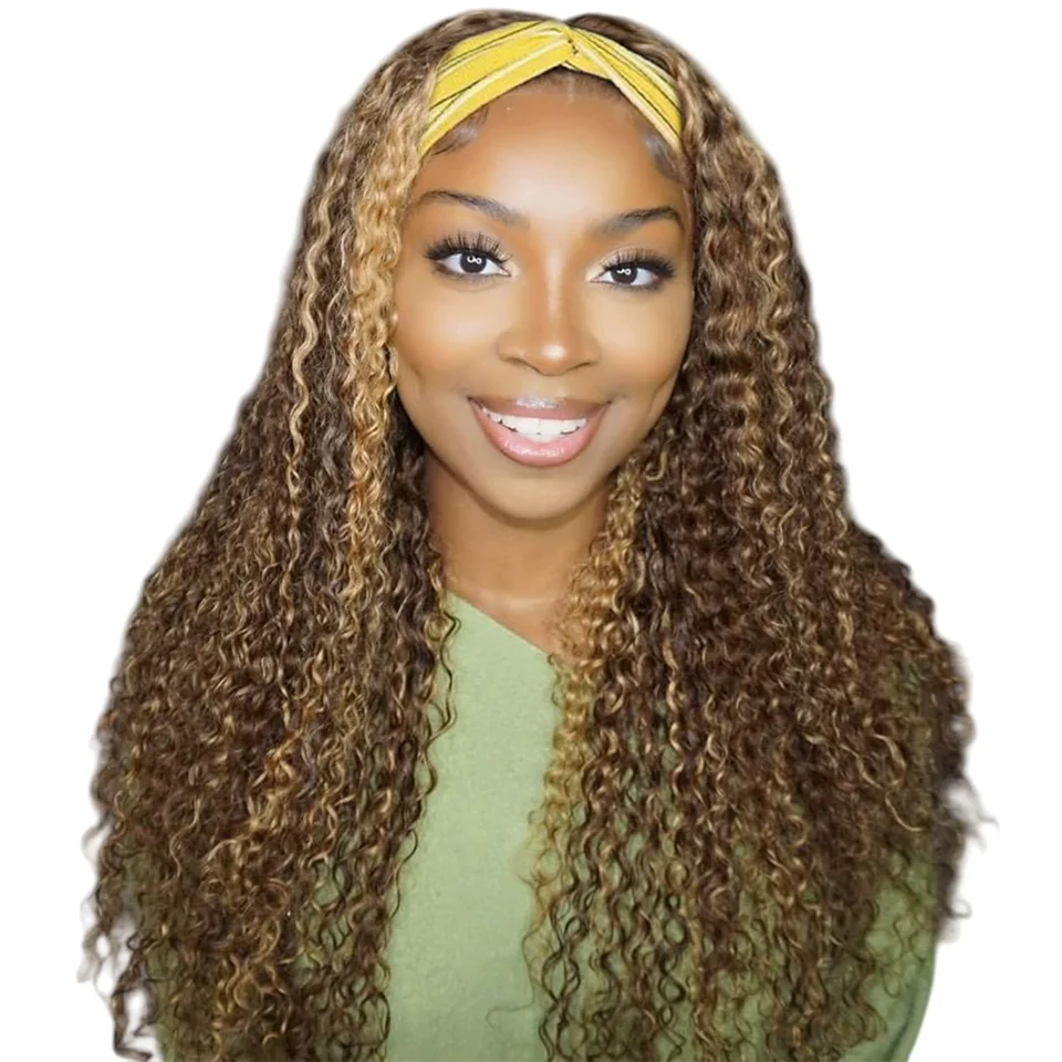 

Honey Blonde Highlight Curly Headband Wigs Human Hair P4/27 Density200 Wear And Go Highlight Deep Curly Glueless Wigs Human Hair