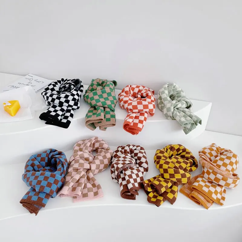 2026 Autumn Winter New Unisex Children Plaid Scarves Knitted Soft Korean Style Shawl Warm Baby Kids Neckerchief