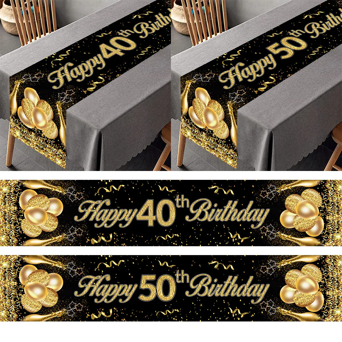 Black Gold Table Runner Happy 30 40 50 Year Old Birthday Party Decoration Adult 30th 40th 50th Birthday Tablecloth Banner