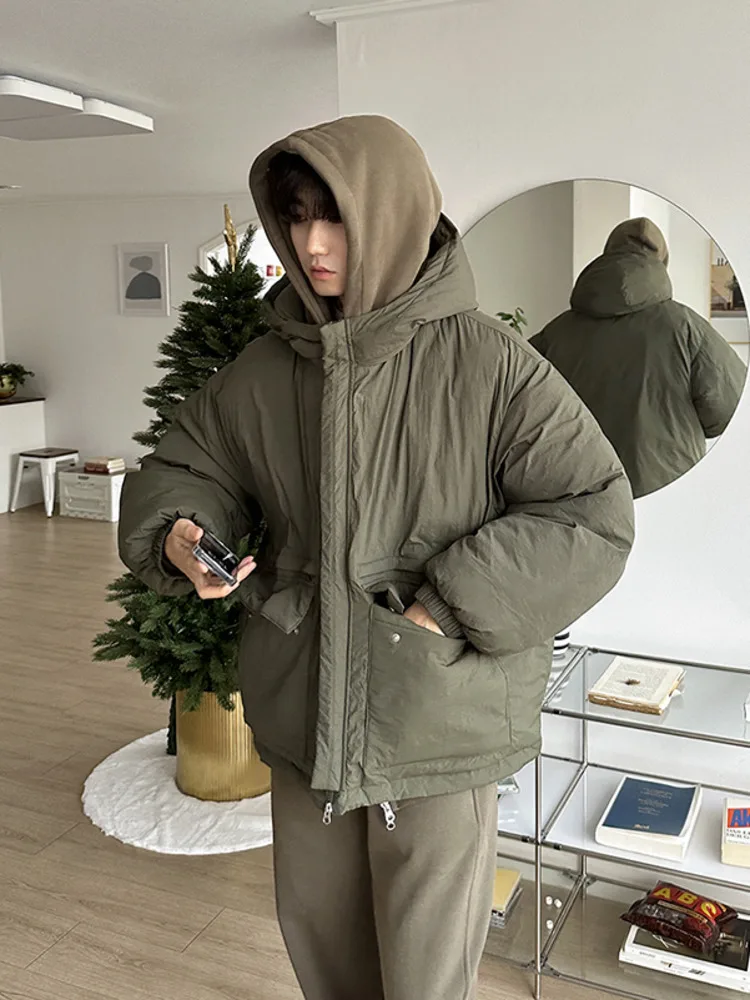 Korean Style Men's Padded Jackets Hoooded Fake Two Pieces Zipper Solid Color Loose New Winter Male Clothing Fashion