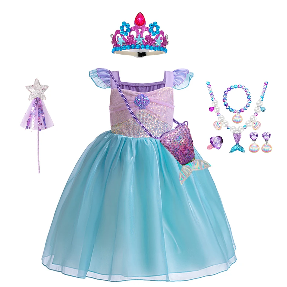 Spring Summer Girls Shell Applique Shiny Sequin Princess Dress 3-8 Yrs Kids Flying Sleeve Casual Clothes Cute Daily Costume