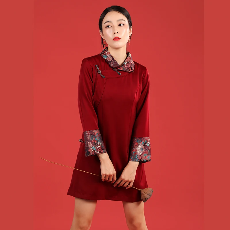 Red New Chinese Cheongsam Women's Retro Stand Collar Chinese Style High Sense Tibetan Costumes Small Tangzhuang Dress