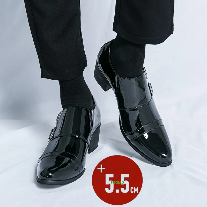 Men's High Heel Leather Shoes Double Breasted 5.5cm Elevator Shoes Plus Size Formal Business Casual Loafers Stylish Comfortable