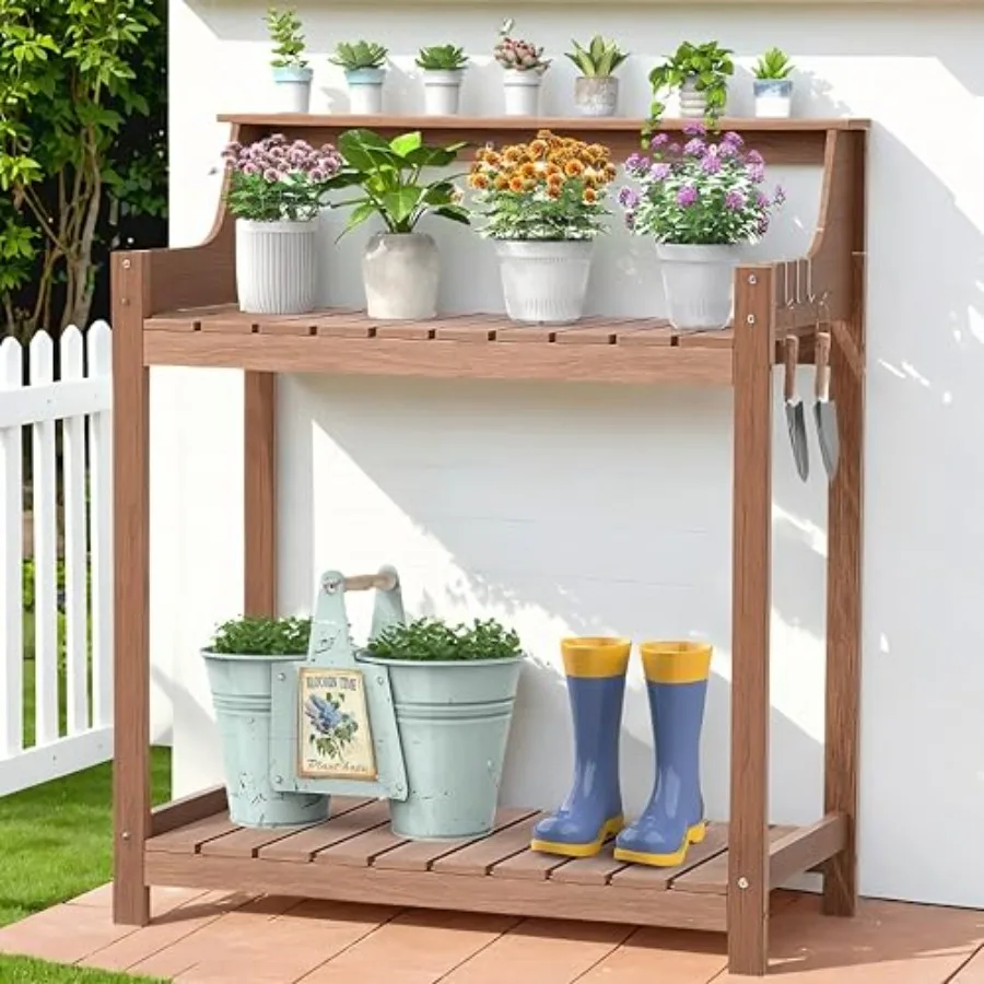 HDPS Potting Bench, All Weather Potting Table with 8 Hooks and Highten Tabletop, Easy Assembly Garden Work Bench, Outdoor Potti