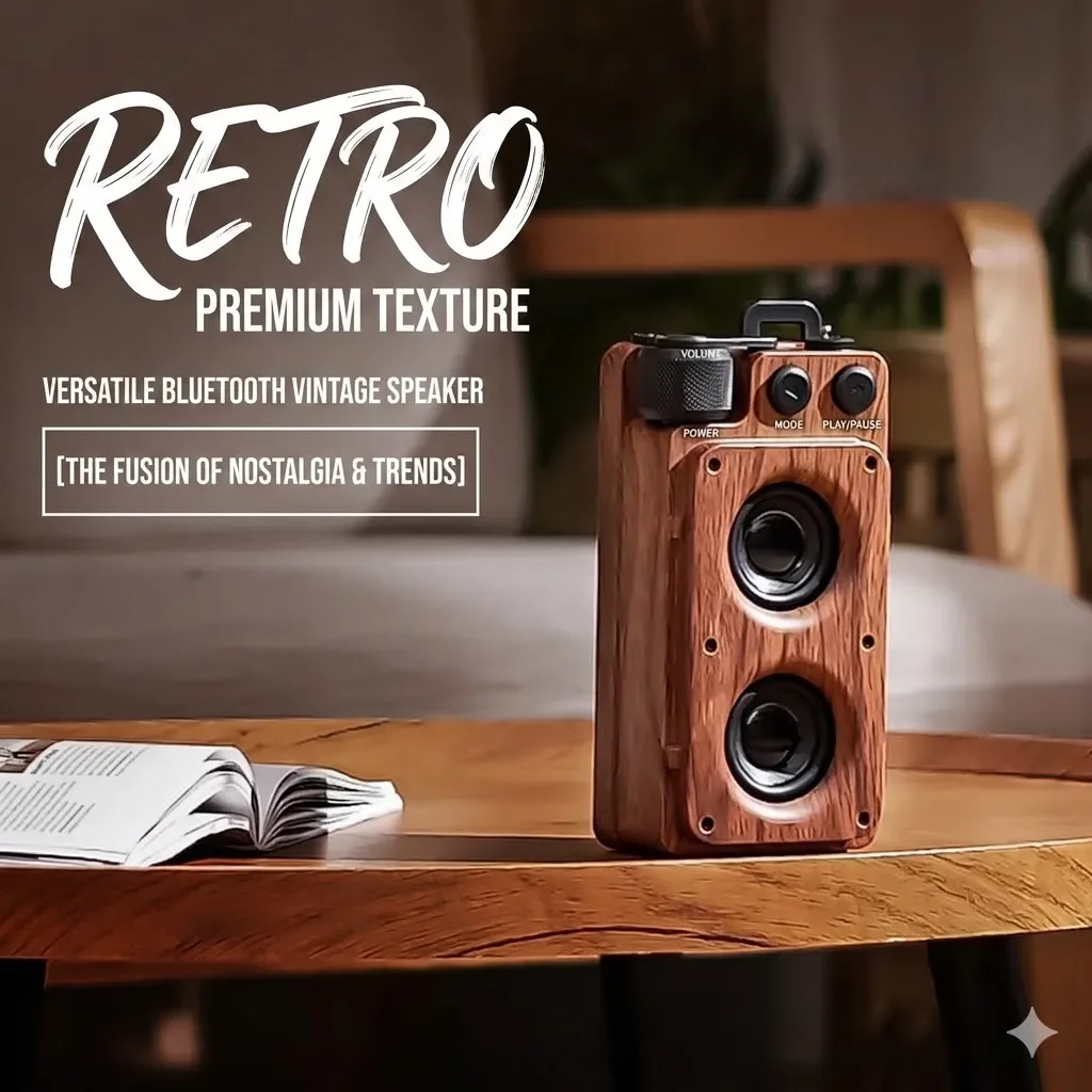 

Hichomeow 2026 Wood Grain Bluetooth Speaker Portable Wireless HiFi Stereo Bass for Home Cafe Outdoor with FM Radio TF USB AUX