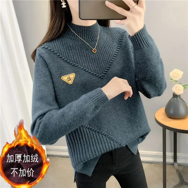 Autumn and Winter Women\'s Solid Half High Collar Long Sleeve Bright Line Decoration Epaulet Sweaters Jumpers Fashion Tops