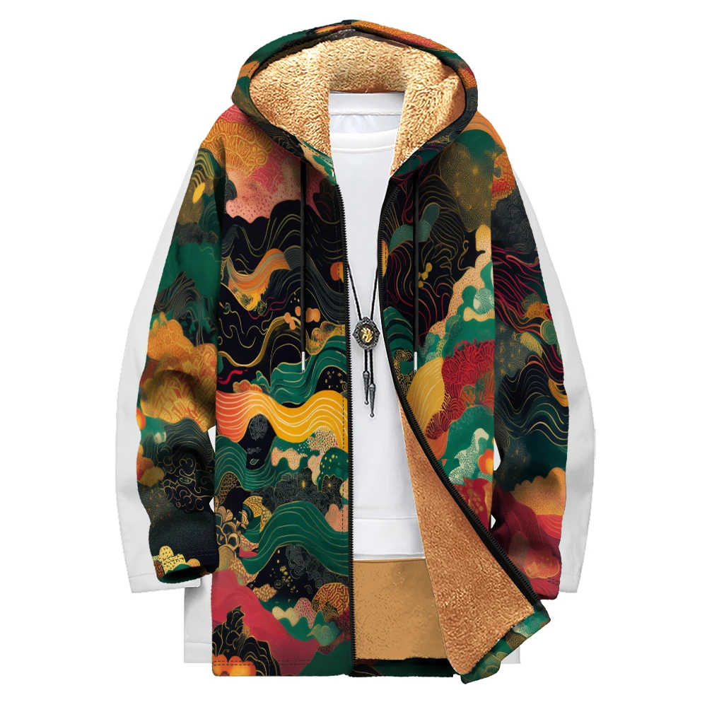 Ropa de invierno para hombre, novedad en abrigos de plumas, chaqueta acolchada de algodón con diseño ondulado de color, cremallera de bolsillo con estampado de grafiti de plumas