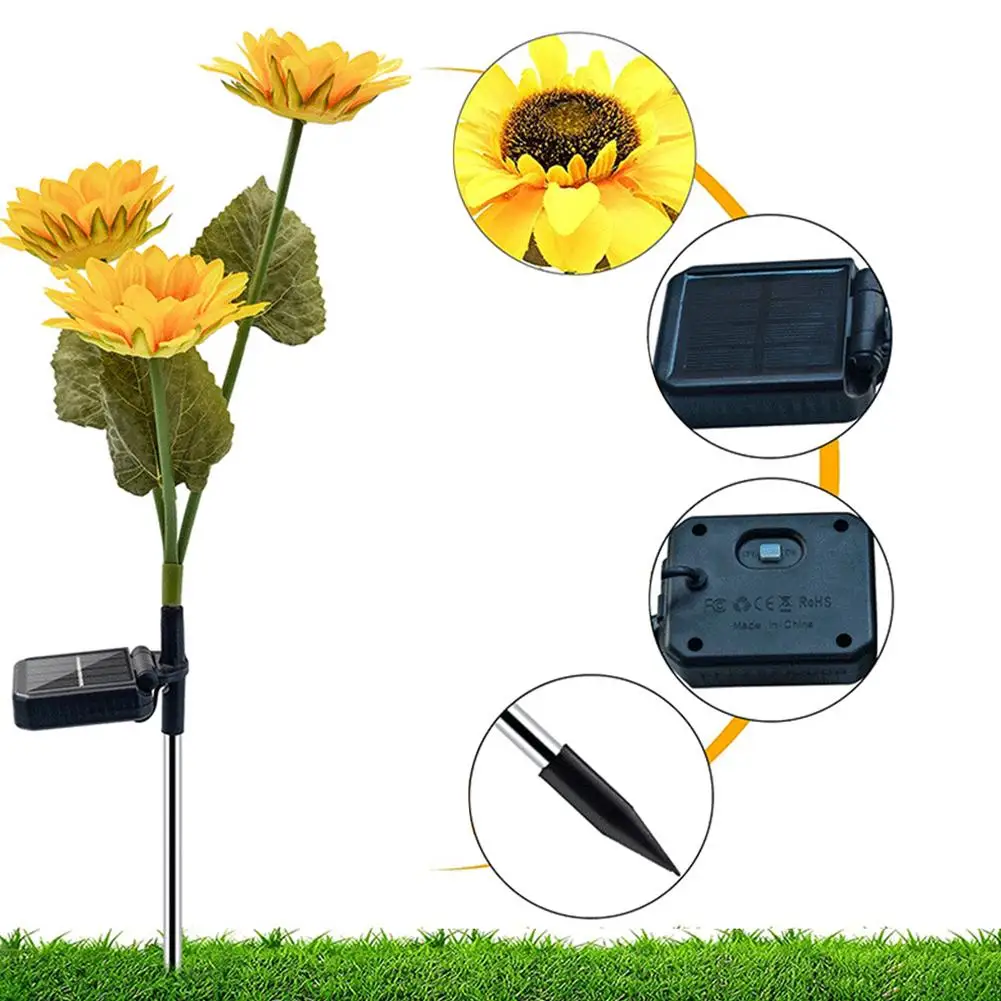 Led lâmpada solar com simulação de girassol, 3 peças, luz para jardim, gramado, paisagem, decoração home