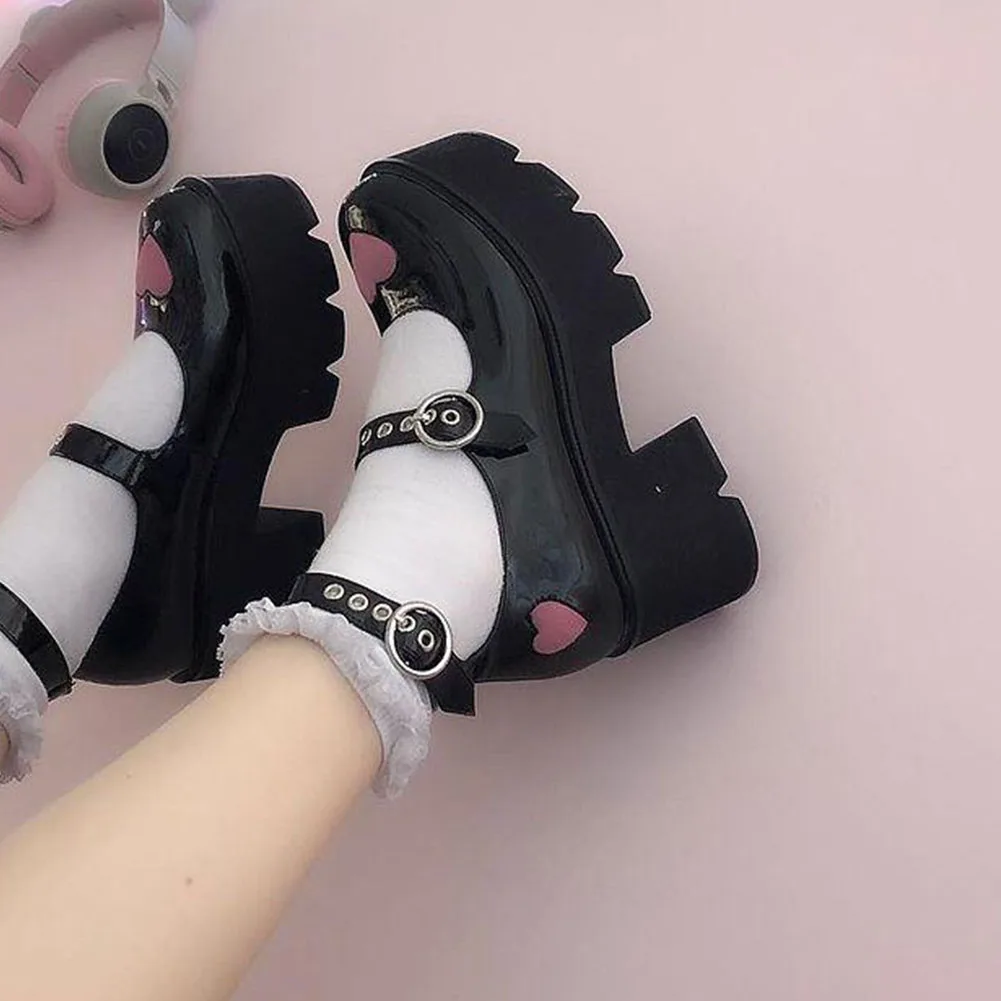 Heart Design Buckle Decor Platform Mary Janes Pumps 2022 Spring Dropship Platform Sweet Comfy Woman Shoes Pumps