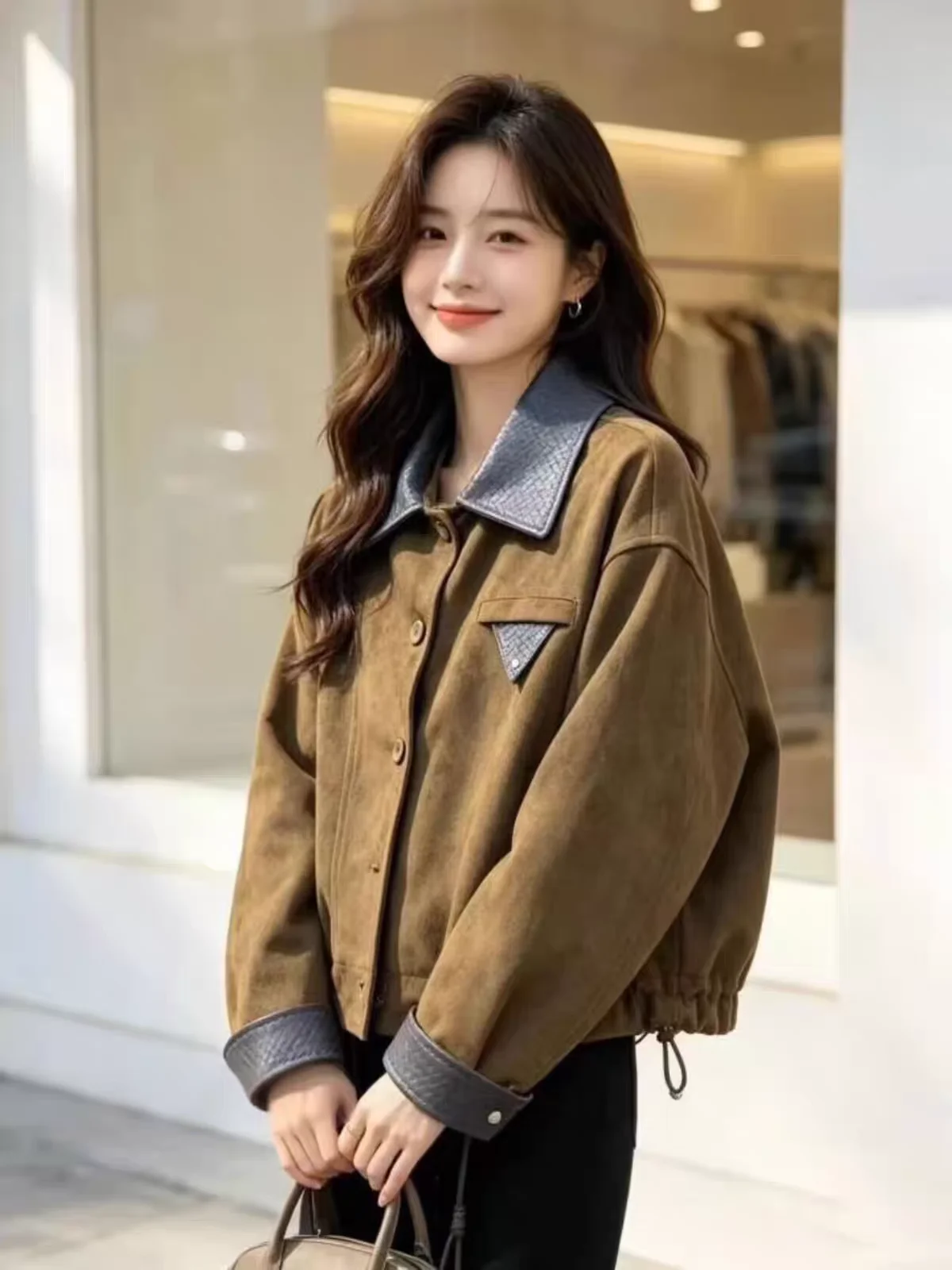 Retro Style Short Suede Jacket Women's Casual Loose Fit Collarless Coat Color Block Design Spring Autumn New Fashion Top