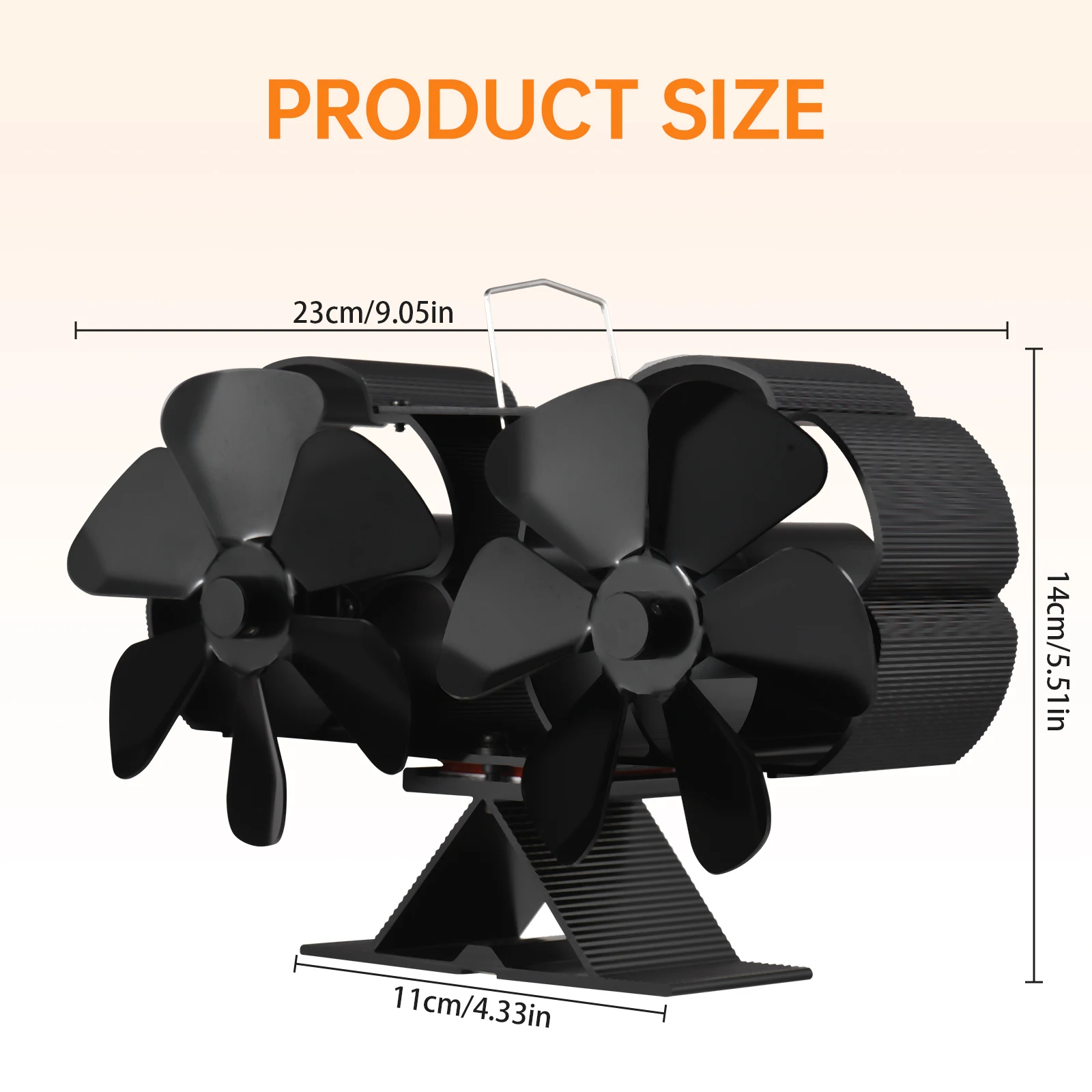Dual Head 6 Blade Heat Powered Stove Fan with Carrying Handle and Overheating Protection Portable Heat Fan