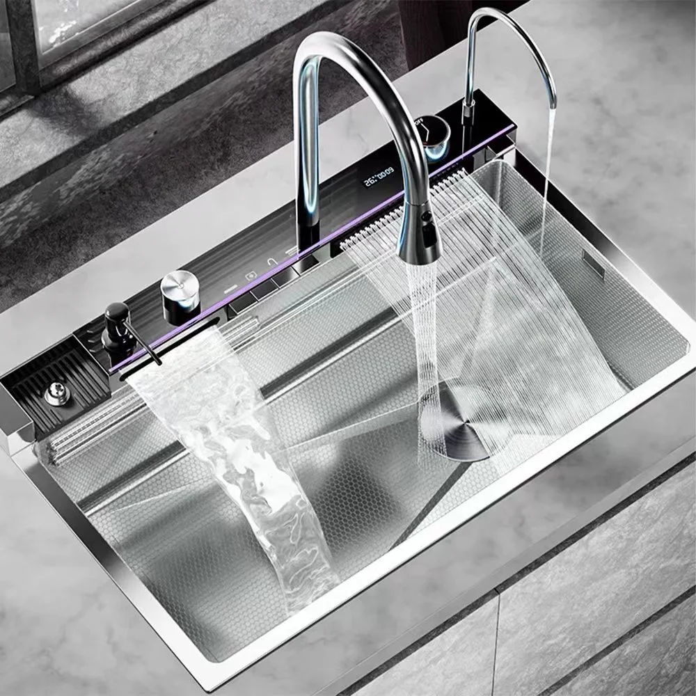 Silver Sink Modern Smart 304 Stainless Steel Waterfall Single Bowl with Pull-Out Whale Faucet Digital Screen & Knife Slot