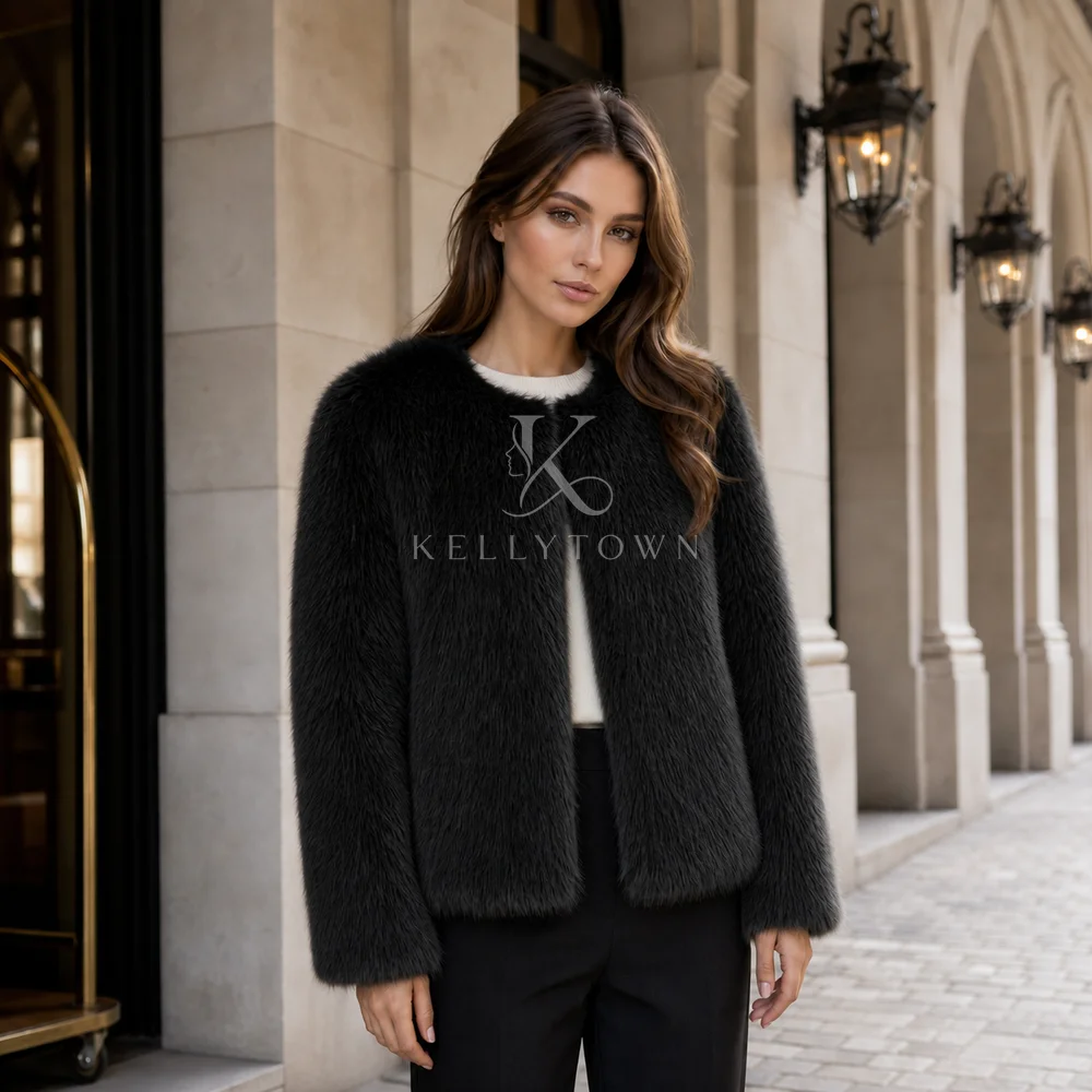 Street Girls Winter Fashion Faux Fur Jacket Women Round Neck Fluzzy Coat Chic Solid Thick Warm Open Front Plush Outerwear