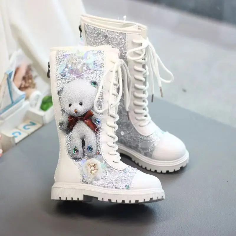 Autumn and Winter New Girls' High Sleeve Boots 2024 Children's Plush Long Boots Girls' Cartoon Sequin Crystal Leather Boots