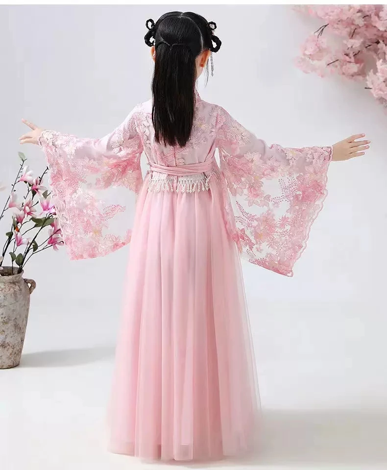 Chinese Traditional Folk Dance Dress Girls Pink Dance Fairy Costume Hanfu Girls Princess Dresses Set Kids Party  Clothing