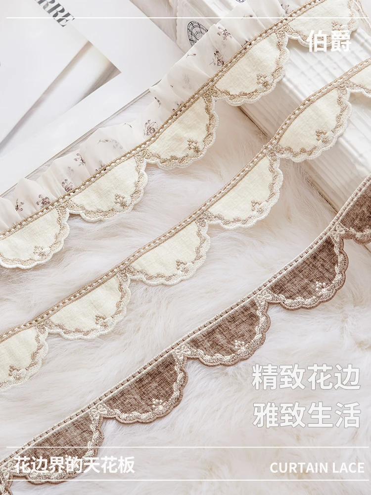 French curtain lace trim with lace tassels and floral scalloped edges for curtain embellishment curtain trim