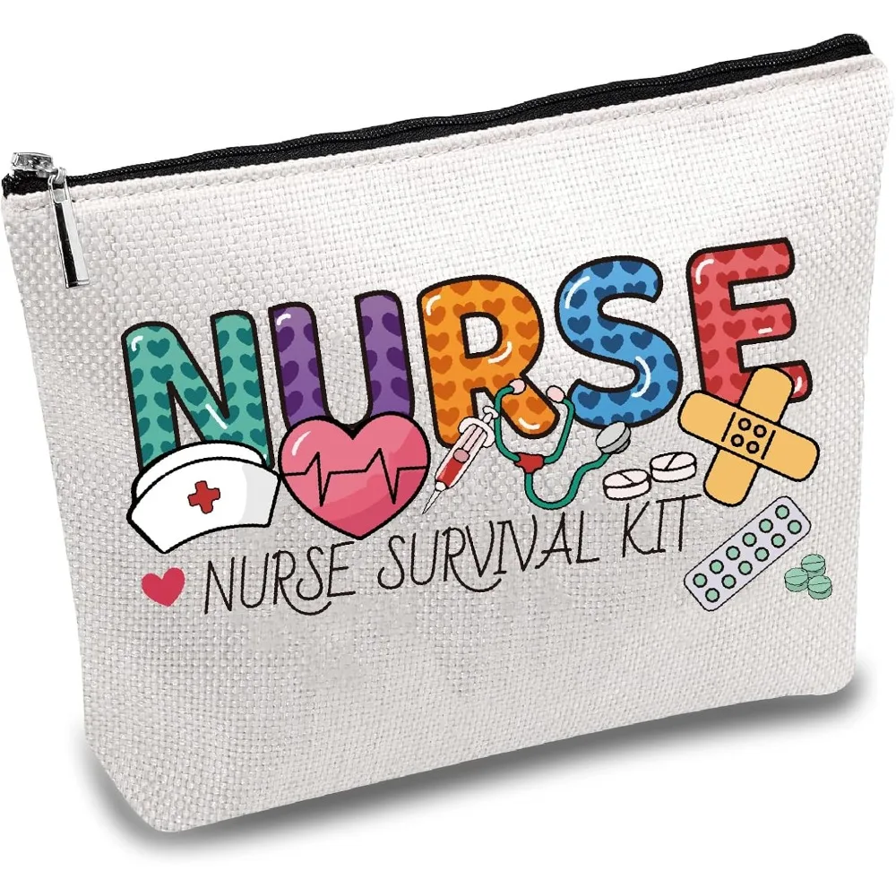 Nurse Makeup Bags Canvas Cosmetic Bag Nurse Survival Kit Multi Purpose Case Zipper Pouches Toiletry Travel Storage Bag Purse