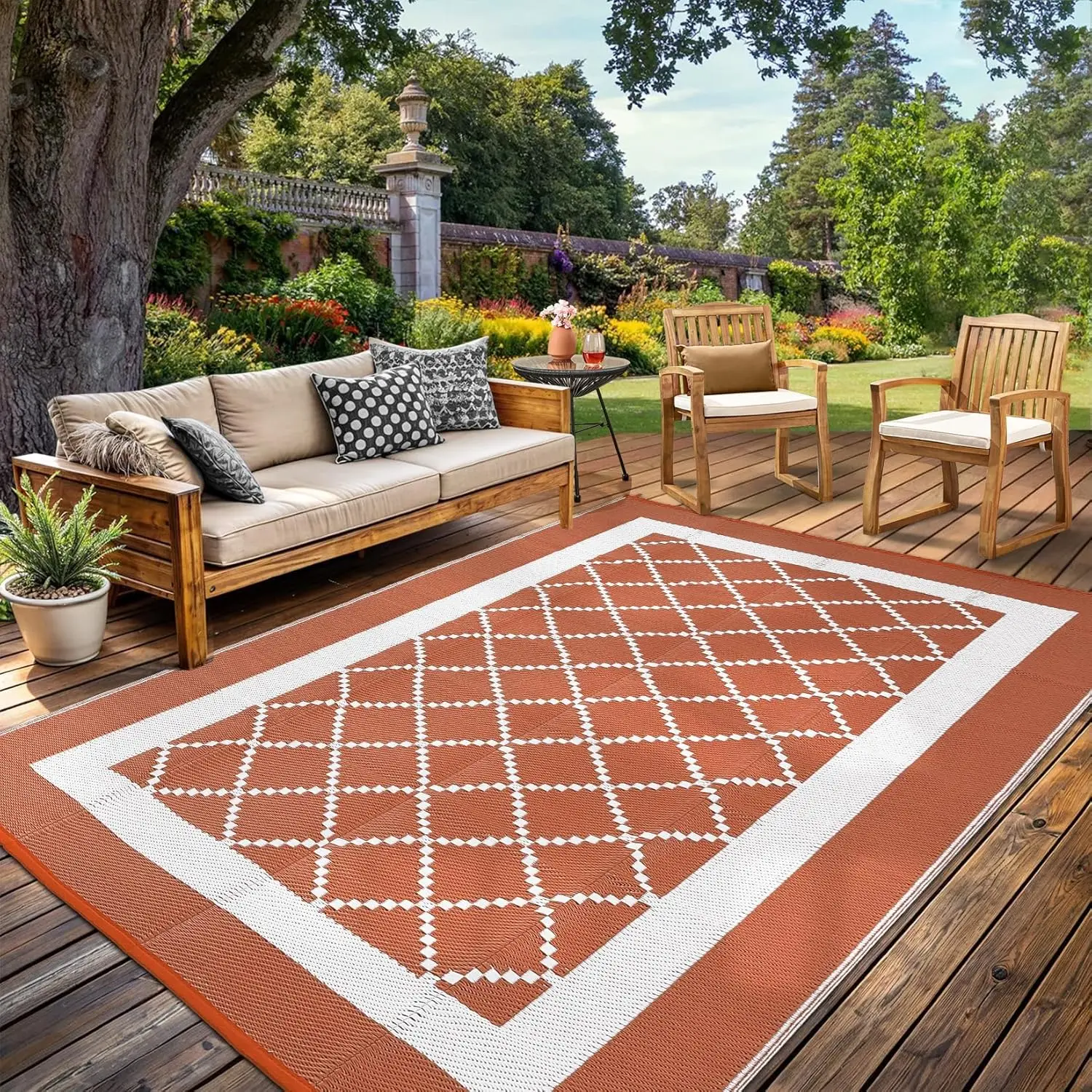 Outdoor Patio Rug Waterproof Reversible Plastic Straw Mat with 4 Stakes and Storage Bag, Modern Geometric Area Rug for Camping Porch Deck RV Backyard Beach