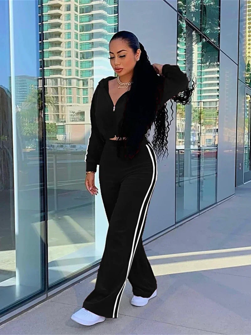 Streetwear Velvet 2 Piece Sets Women Outfit Autumn Clothes Women 2024 Side Striped Hooded Top and Pants Sets Sweatsuit Woman Set