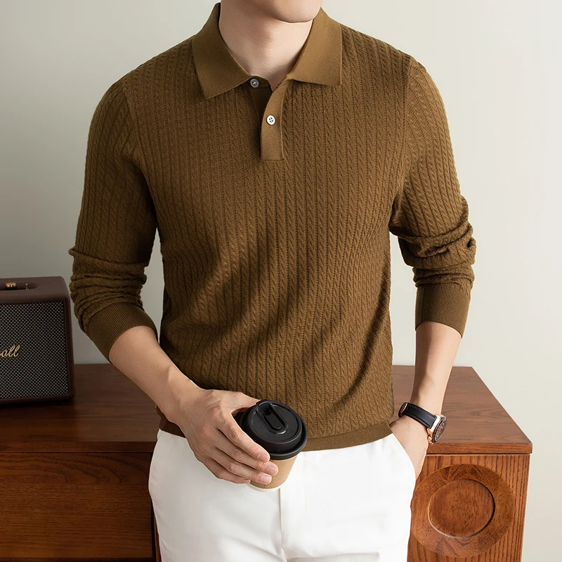 Good 5.8% Mulberry Silk Knit Polos Men 2026 Autumn 3.5% Cashmere Wool Clothes Long Sleeve Jumper Pullover Knitting Tops
