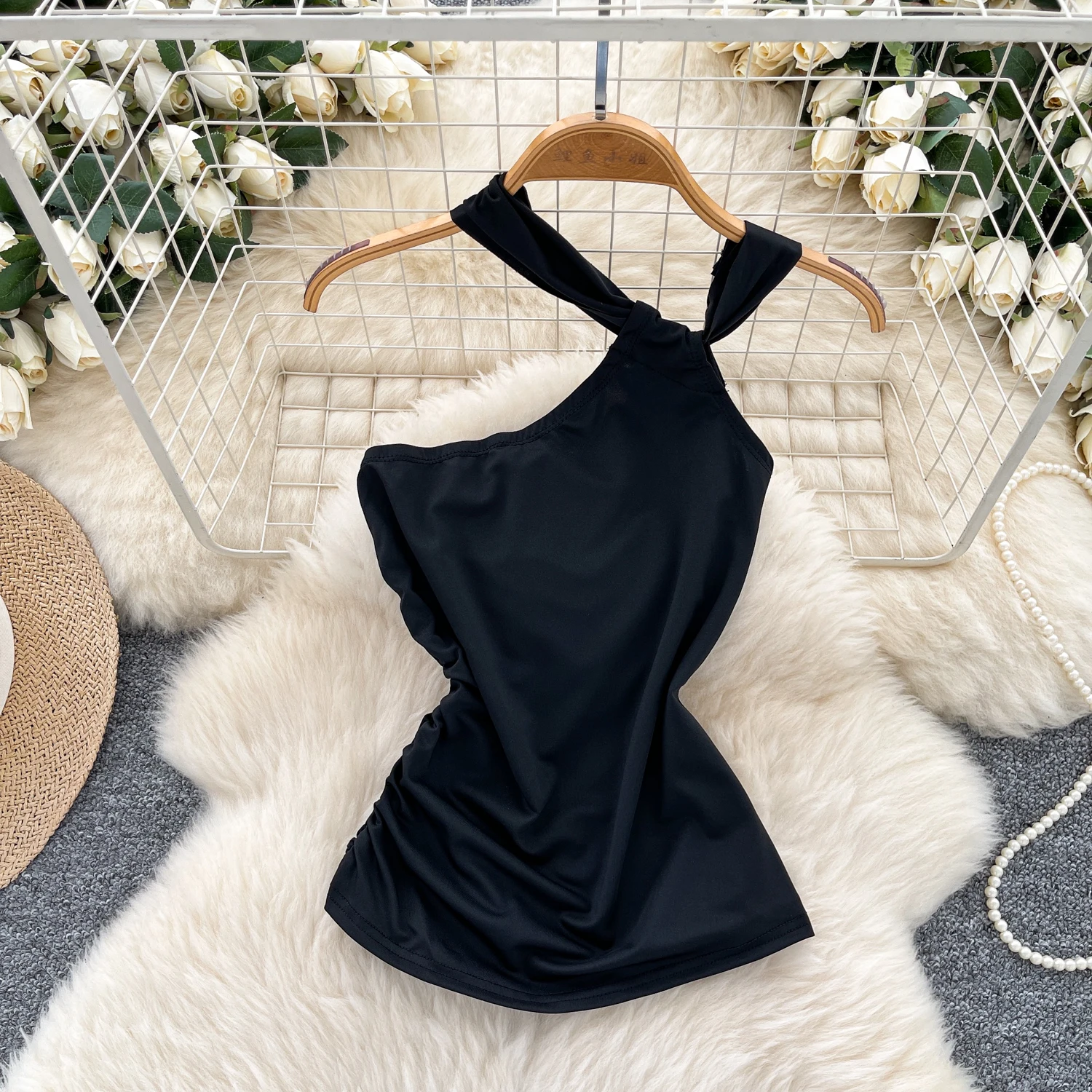 ヴィンテージエレガントなホルターブラウスファッション斜め襟シャツカジュアルシックなトップ妖精夏の女性