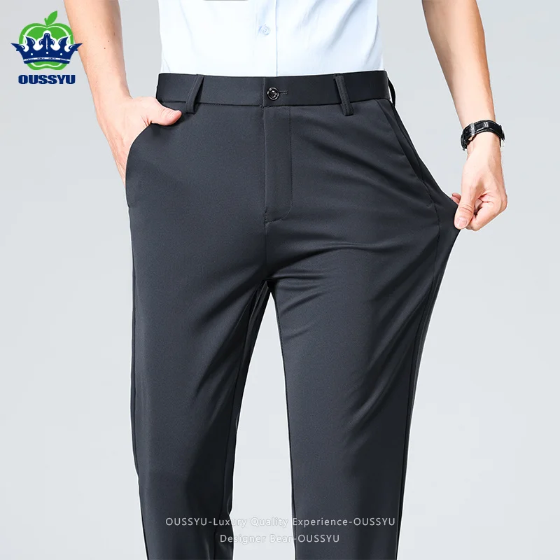 

OUSSYU Brand Summer Thin Men's Stretch Business Formal Trousers Slim Straight Work Office Black Long Suit Pants Men Plus Size 40