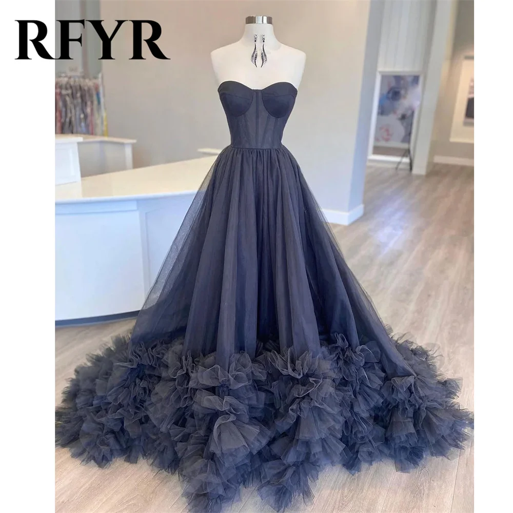 RFYR-vestidos de noche con hombros descubiertos, vestido de graduación de línea a, tul Sexy, Espalda descubierta, rizo de borde