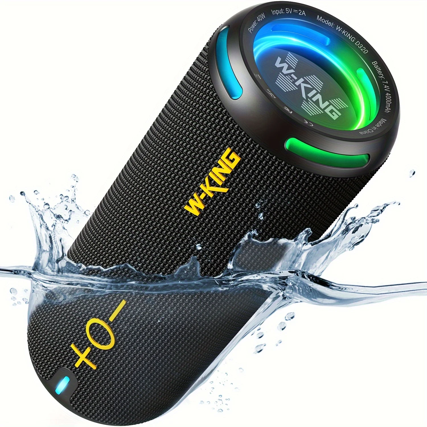 W-KING D320 40W Tragbarer Lautsprecher, IP67 Wasserdicht, APP-Steuerung, Hochwertige Audioqualität, TF/AUX, Dynamische Beleuchtung für Party, Outdoor, Dusche
