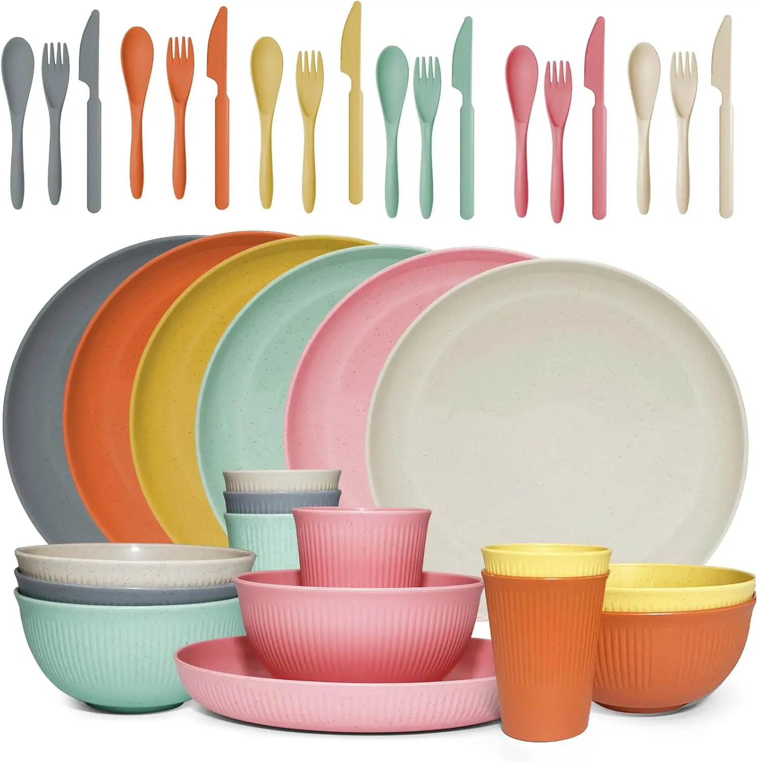 

36 pcs Wheat Straw Dinnerware Sets Unbreakable Reusable Dinnerware Set ，Lightweight Camping Plates