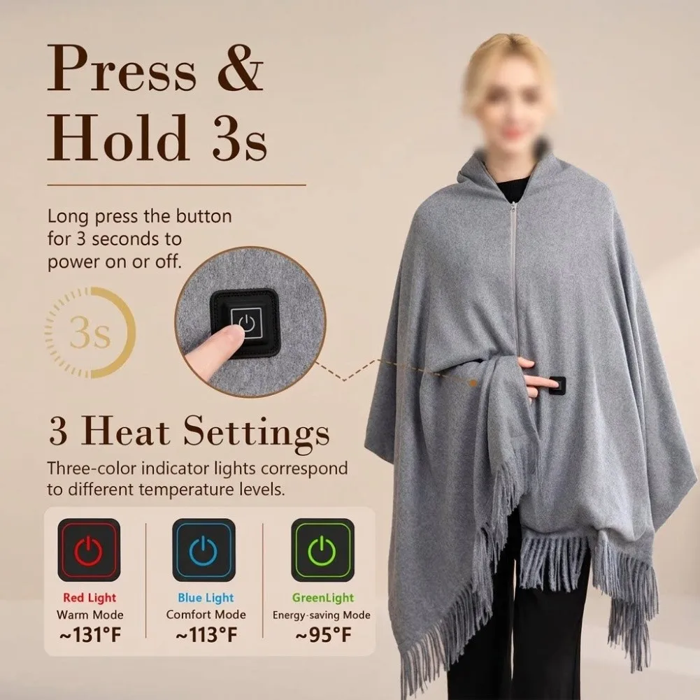 Women Heated Shawl Wrap 8 Pads USB Portable Winter Warm Scarf Electric Heating Blanket For Outdoor Camping Hiking & Fishing